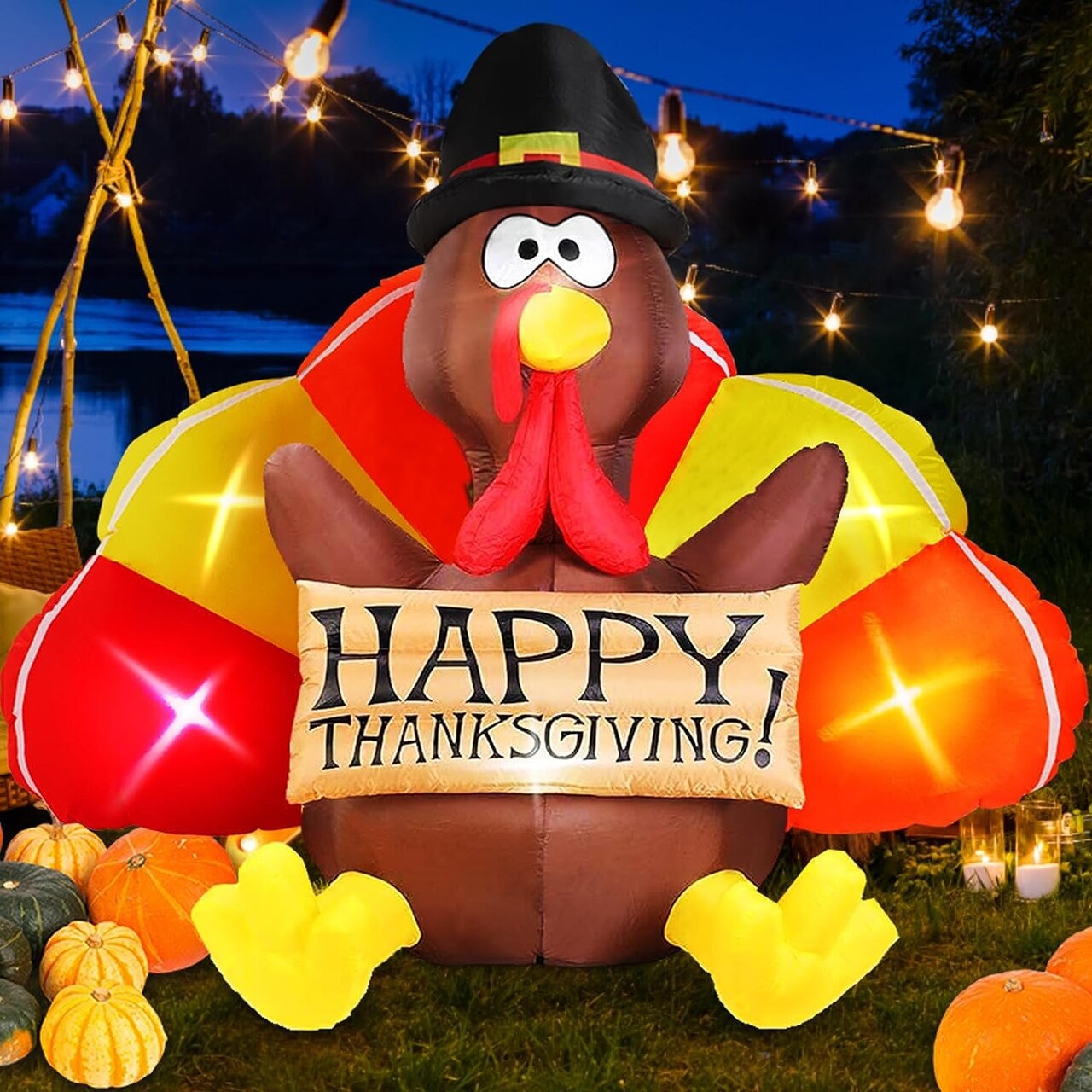 6 FT Thanksgiving Inflatables Turkey Outdoor Decorations with Colorful Big Tail & Pilgrim Hat, Built-In Leds Blow up Turkey Inflatable Yard Decoration for outside Fall Harvest Holiday Decor